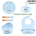 Conjunto de Alimentação Personalizado com Nome - 6 Peças em Silicone de Grau Alimentício, com Colher, Garfo, Tigela com Ventosa, Copo, Prato e Babador, Livre de BPA - Primeira Etapa de Auto-Alimentação