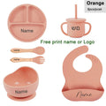 Conjunto de Alimentação Personalizado com Nome - 6 Peças em Silicone de Grau Alimentício, com Colher, Garfo, Tigela com Ventosa, Copo, Prato e Babador, Livre de BPA - Primeira Etapa de Auto-Alimentação